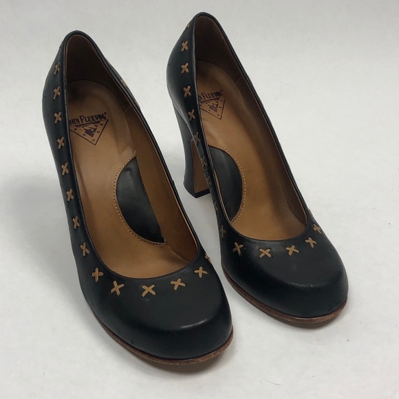 John Fluevog Black Heels with Tan Stitching - Picture 4 of 11